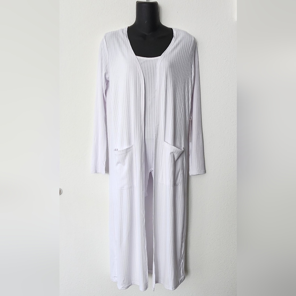 Ellie & kate White Romper Round Neck Sleeveless Ribbed & Long Cardigan W/Pockets - Picture 7 of 8